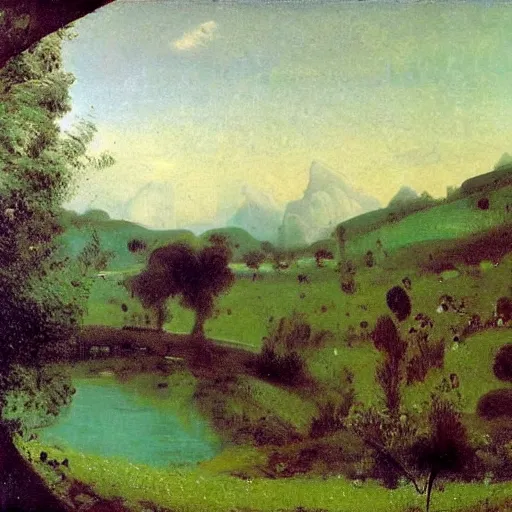 Prompt: A beautiful sculpture of of a landscape. It is a stylized and colorful view of an idyllic, dreamlike world with rolling hills, peaceful looking animals, and a flowing river. The scene looks like it could be from another planet, or perhaps a fairy tale. CCTV by Camille Corot, by Adolph Menzel terrifying