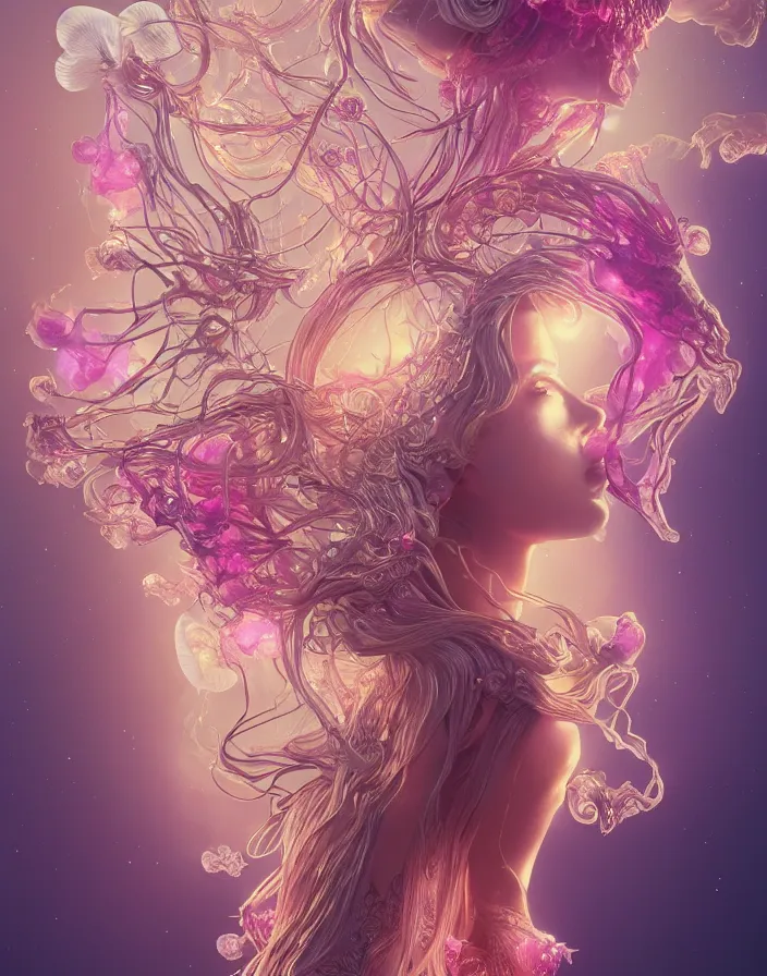 Prompt: goddess portrait. jellyfish orchid phoenix head. intricate artwork by Tooth Wu and wlop and beeple and dan mumford. octane render, trending on artstation, greg rutkowski very coherent symmetrical artwork. cinematic, hyper realism, high detail, octane render, 8k, depth of field, bokeh