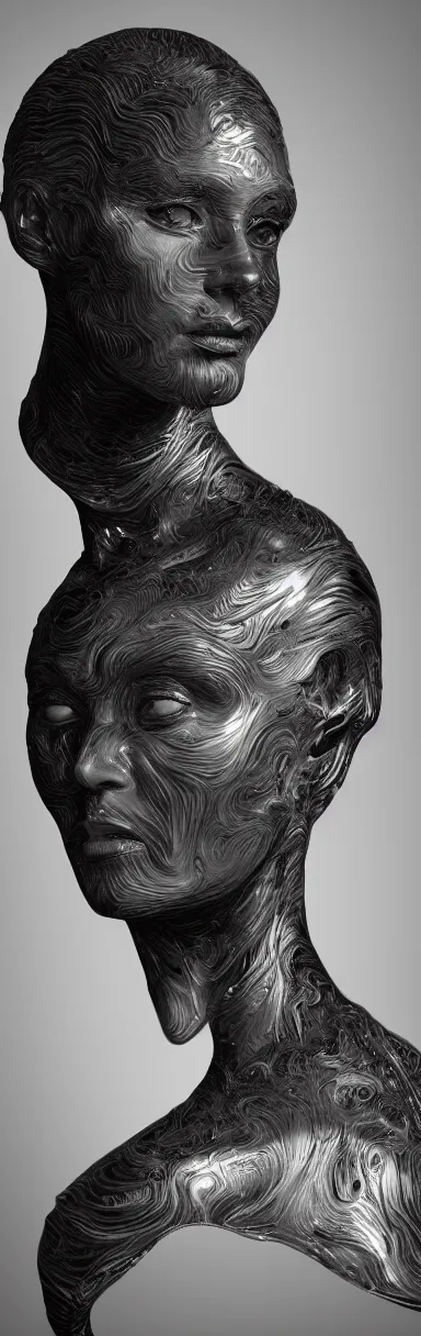 Image similar to epic illustration, digital abstract sculpt of beautiful female face silhouette and black swirling concrete acrylic portrait, black latex sculpt, octane render, mechanical superstructure, sacred geometry, glowing edges, magic hour, beautiful light, sculpture of carving marble, dark colors, dark mood, one point light, clockwork, epic matte painting, concept art, bokeh, digital painting, artstation