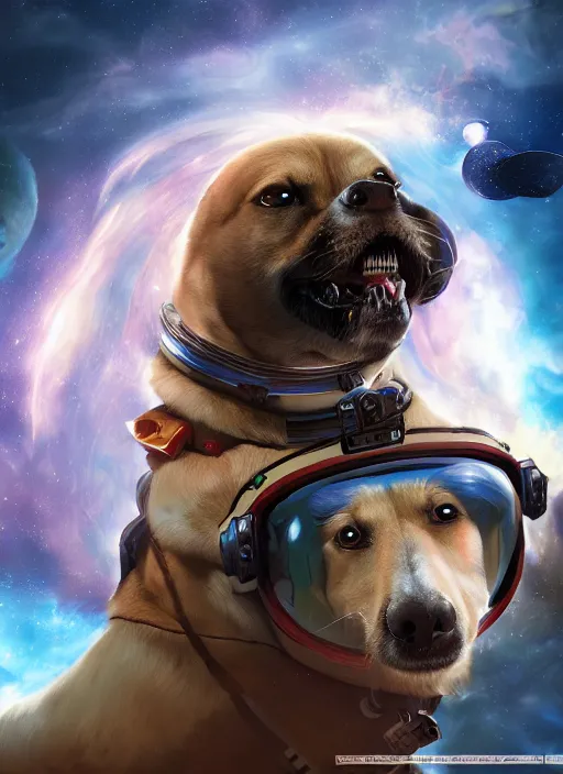 Image similar to An epic fantasy comic book style portrait painting of a dog astronaut in space, unreal 5, DAZ, hyperrealistic, octane render, cosplay, RPG portrait, dynamic lighting