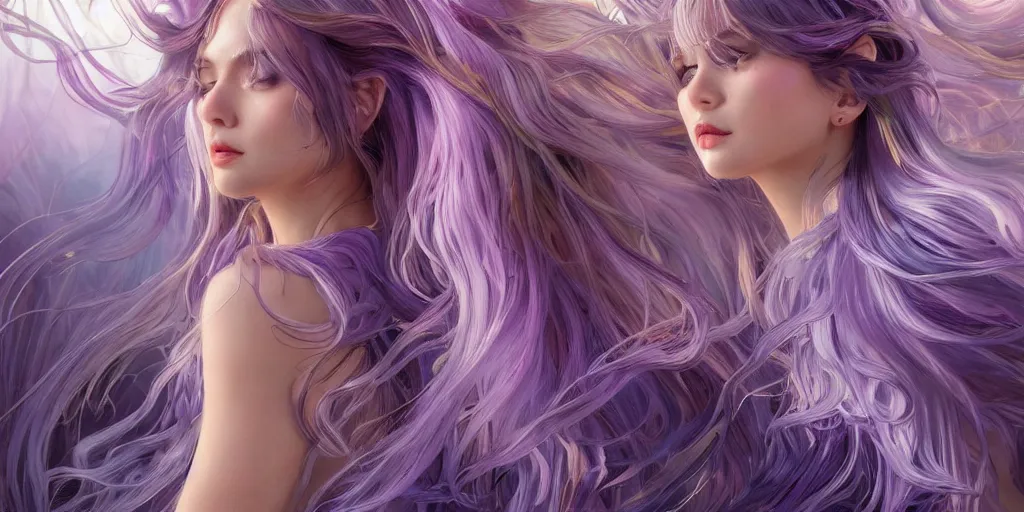 Image similar to wide angle, opalescent purple panther, metallic silver and ice color reflected crystal hair, leaping from babaob tree, fantasy, intricate, very beautiful, elegant, golden light, highly detailed, digital painting, artstation, concept art, smooth, sharp focus, unreal engine, art by wlop and tian zi and alphonse mucha