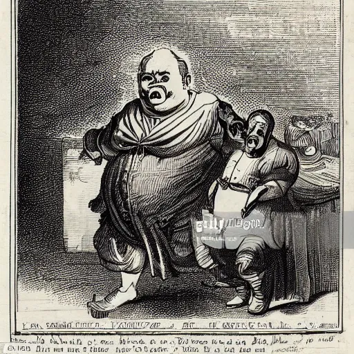 Image similar to childish fat politician with big stomch is eating souls of tiny peoples in baroque style