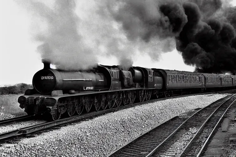 Image similar to black and white photograph of the lner a 4 mallard thundering down the rails at high speed, black smoke wooshing from the locomotive, cinematic, volumetric light, f 6 aperture, cinematic eastman 5 3 8 4 film