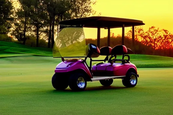 Image similar to a golf cart on a golf coarse at sunset in front of a lake