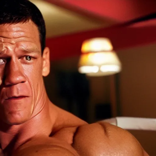 Prompt: film still close - up shot of john cena as tony montana, photographic, photography