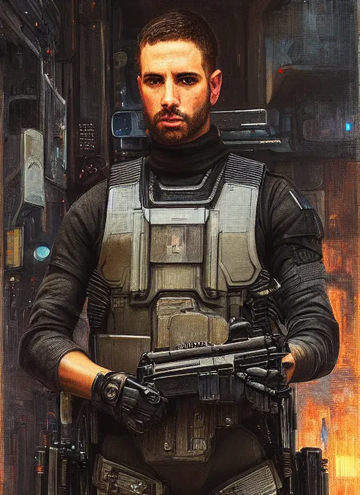 Image similar to 🦸🏼♀. cyberpunk police trooper in a military vest ( blade runner 2 0 4 9, cyberpunk 2 0 7 7 ). orientalist portrait by john william waterhouse and james gurney and theodore ralli and nasreddine dinet, oil on canvas. cinematic, hyper realism, realistic proportions, dramatic lighting, high detail 4 k