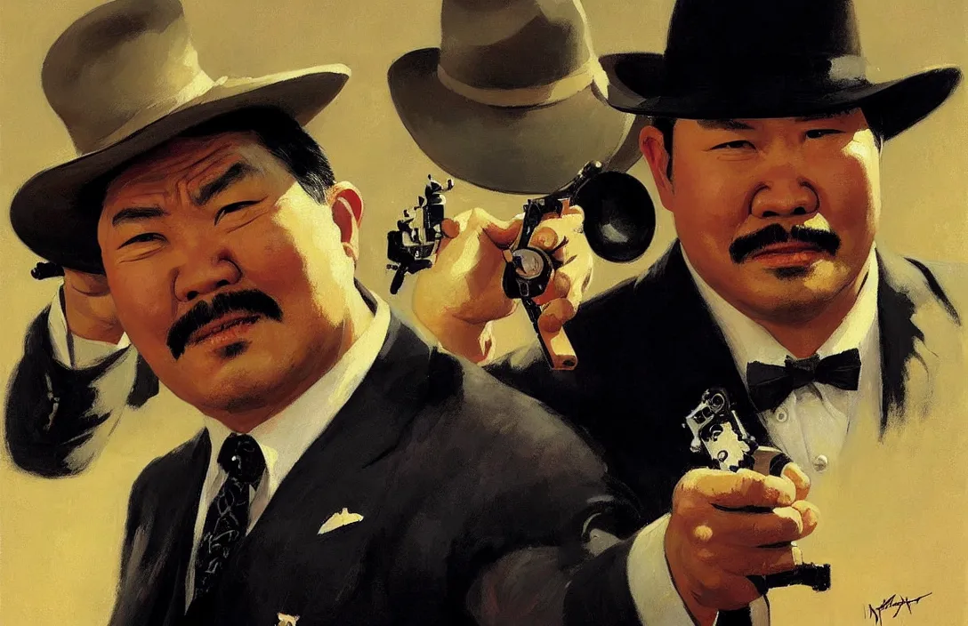 Image similar to portrait of oddjob harold sakata from james bond!!!!!!!!!!!!!!!!!!!!!!!!!!!, detailed face, detailed painting, epic lighting, by ilya repin, phil hale and kent williams