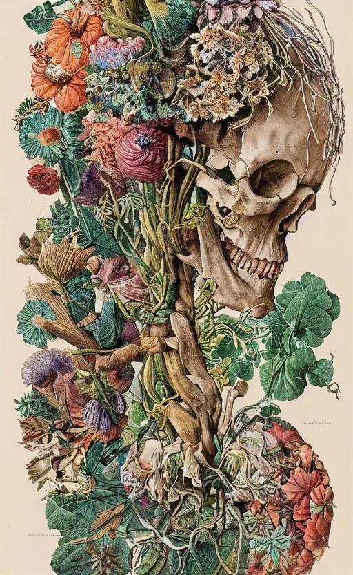 Prompt: a scanned half flower bouquet half brain half skull poster illustration of Kunstformen der Natur (Art forms in Nature) by Ernst Haeckel 1899