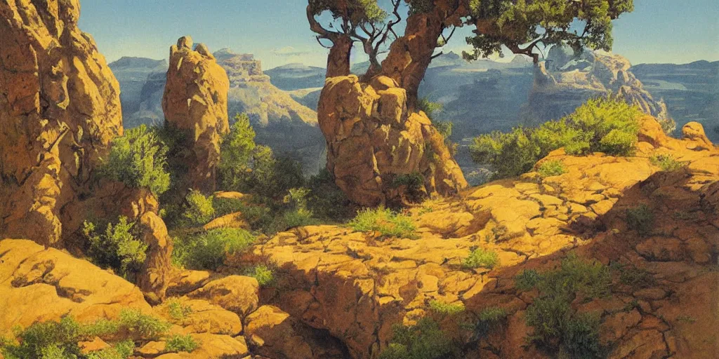 Prompt: illustration of a lush rock pillar landscape, (Utah landscape), (petro poster) by Reginald Montague Lander, (By Tom Purvis), By Joseph Binder