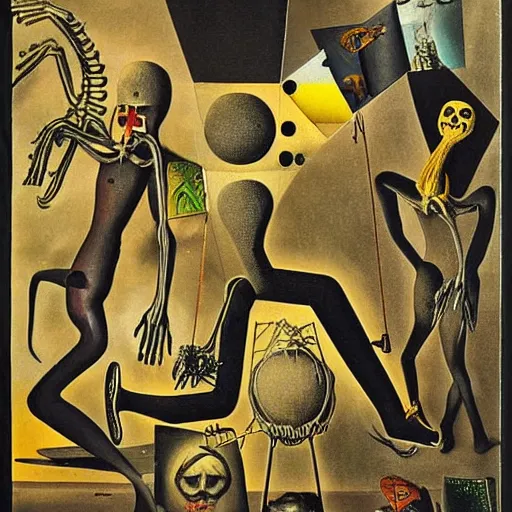 Image similar to a dadaist surrealist discordian subgenius collage of arachnophobia by max ernst, james gleeson, man ray, kurt schwitters, monochromatic source imagery, creepy, stygian, abyssal