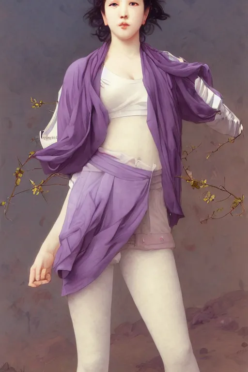 Image similar to Full View of Eunha from Viviz and gFriend wearing a purple military uniform and puffy silk shorts, white leggings, and a billowy scarf. masterpiece 4k digital illustration by Ruan Jia and Mandy Jurgens and Artgerm and william-adolphe bouguereau, award winning, Artstation, art nouveau aesthetic, Alphonse Mucha background, intricate details, realistic, panoramic view, Hyperdetailed, 8k resolution, intricate art nouveau