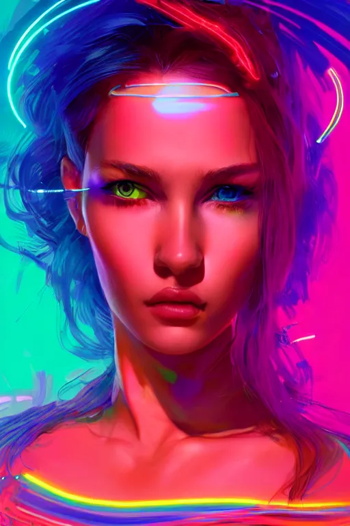 Image similar to a award winning portrait of a beautiful woman with stunning eyes in a one off shoulder crop top and cargo pants with rainbow colored hair, outlined by whirling illuminated neon lines and fine lines swirling in circles by greg rutkowski, digital art, trending on artstation
