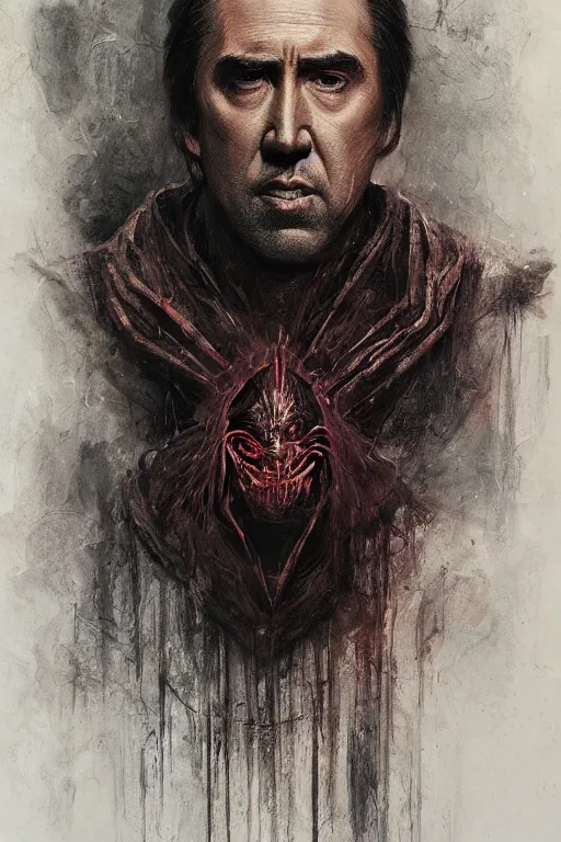 Image similar to Nicholas Cage Sith Lord, star wars, dark fantasy, intricate, highly detailed, smooth, artstation, painted by Wayne Barlowe, Greg Rutkowski, zdislav beksinski, Francis Bacon