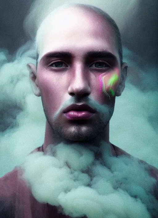 Image similar to an ethereal, misty portrait of a man whose face is accented with neon - toned glowing eyeliner. the makeup floats off his face and joins swirling clouds of smoke and fog, becoming an aurora. muted tones. surreal portrait, cinematic lighting, 8 k, smooth, sharp focus, digital painting, rendered in octane, painted by tom bagshaw, artgerm