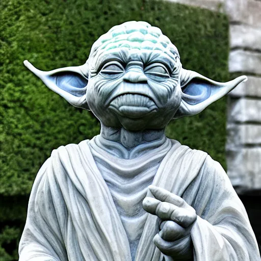 Image similar to Marble statue of Yoda, highly detailed, high quality, HD, 4k, 8k, Canon 300mm, professional photographer, 40mp, lifelike, top-rated, award winning, realistic, sharp, no blur, edited, corrected, trending