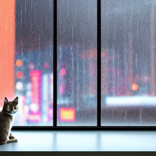 Image similar to A cat sitting on a Windows watching the view of a cyberpunk city, 24mm, 8k, octane render, beautiful, peaceful, cyberpunk, moody, raining, rain, super detailed, dof, volumetric lighting, rtx, raytracing, cyberpunk 2077