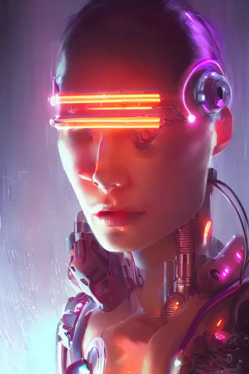 Image similar to portrait of a trippy cyborg girl with biotechnical parts and neon light by Artgerm and Greg Rutkowski , digital painting, highly detailed, trending on artstation