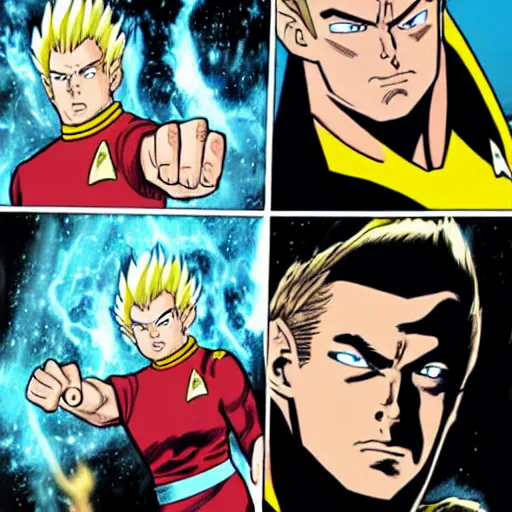 Prompt: captain kirk going super saiyan on star trek comic book