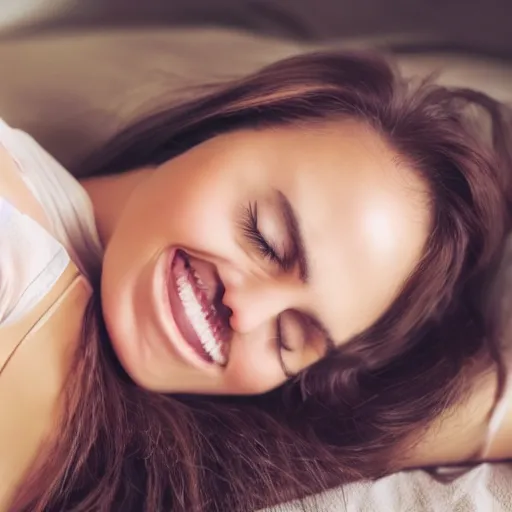 Prompt: a beautiful woman smiles as she falls asleep