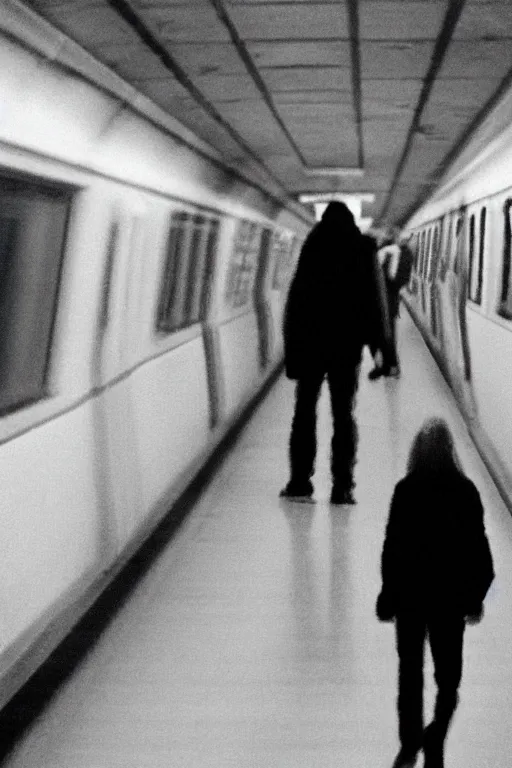 Image similar to ominous grainy surveillance photo still of scary monster in style of trevor henderson inside toronto subway