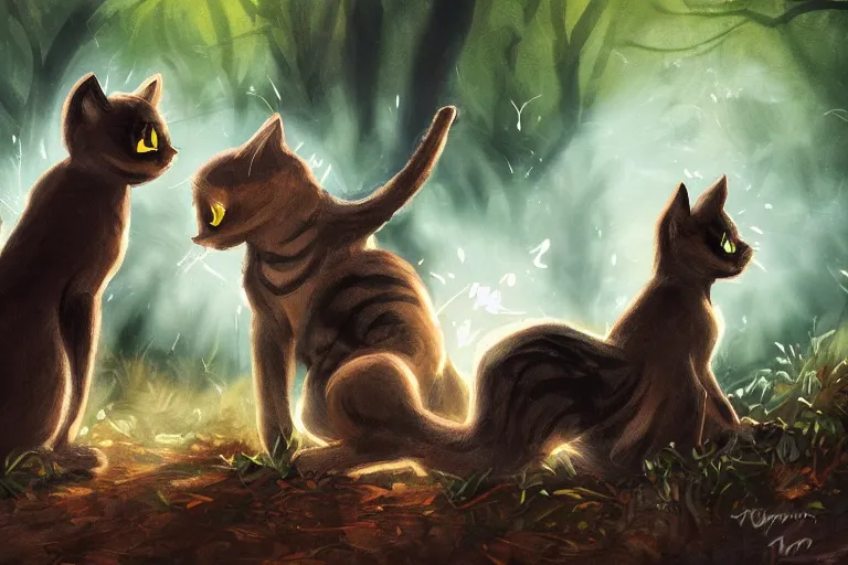 Image similar to two cats fighting in the dark forest, dramatic, backlighting, trending on artstation, digital art, trending on furaffinity, by wayne mcloughlin