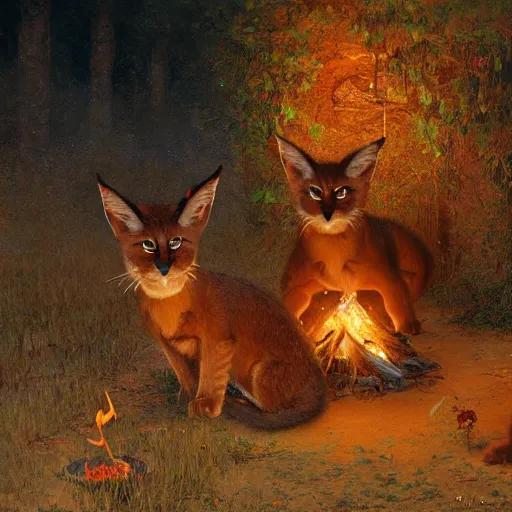 Image similar to three cute caracals wearing red bows or ties, acoustic guitar, campfire, night, atmospheric lighting, intricate, volumetric lighting, digital art, highly detailed by gaston bussiere, craig mullins, j. c. leyendecker 8 k