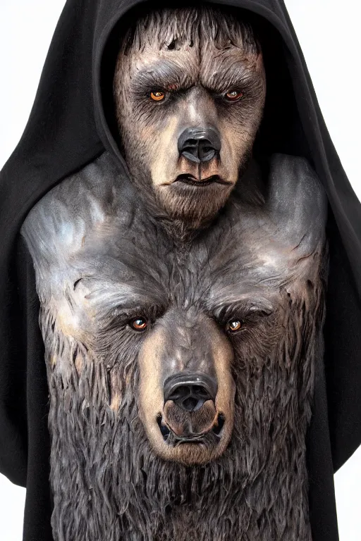 Image similar to sideview waist up portrait of bear wear black cape hoodie made with porcelain by jeff easley and peter elson, beautiful eyes and face, symmetry face, galaxy, gothic, surreal, dread, highly detailed, intricate complexity, epic composition, magical atmosphere, masterpiece, award winning, trending on artstation