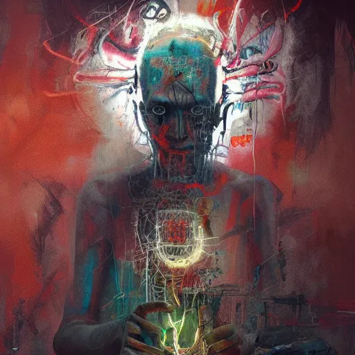 Prompt: technospiritual intervention, by michel basquiat and artgerm and seb mckinnon and greg rutkowski, featured on artstation, highly detailed, sharp, in focus