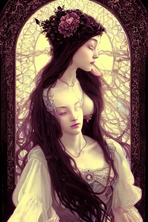 Prompt: beautiful and victorian and luxury and gothic and goddess young medieval dark princess portrait like blackpink lisa+front face with light flowing hair, ultradetail face, art and illustration by miqi and tian zi and craig mullins and WLOP and alphonse mucha, fantasy, intricate complexity, human structure, human anatomy, fantasy character concept, dynamic lighting, neon light, ssci-fi, watermark, blurry, hyperrealism 8k