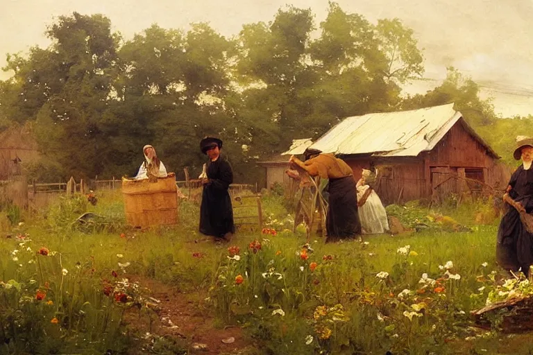 Image similar to simple amish farmers tending to their cottage vegetable gardens, art by anders zorn, wonderful masterpiece by greg rutkowski, beautiful cinematic light, american romanticism thomas lawrence, greg rutkowski