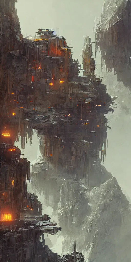 Image similar to concept art of a post - apocalyptic laboratory monastery at the top of a mountain, grimy, gritty, blade runner 2 0 4 9, trending on artstation, award winning painting, cgi, art by john berkey and anton fadeev and john howe and simon stalenhag