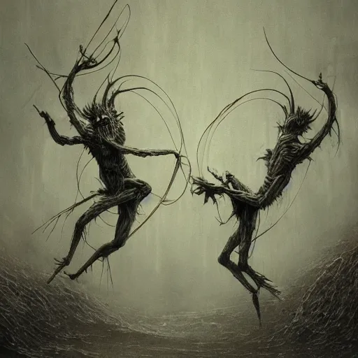 Image similar to two demons dance ballet in hell with ethernet cables!!! wrapped around their arms, trees burn! beksinski, dariusz zawadzki, very coherent symmetrical artwork. cinematic, hyper realism, high detail, octane render, 8 k