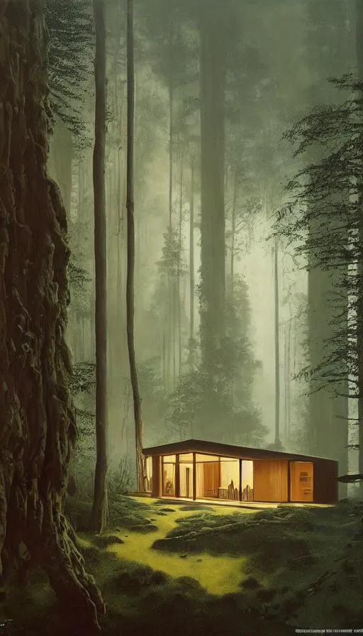 Image similar to cozy ultra modern home in the woods moody lighting, highly detailed, painting by zdzisław beksinski and norman rockwell and greg rutkowskiweta studio, and lucasfilm