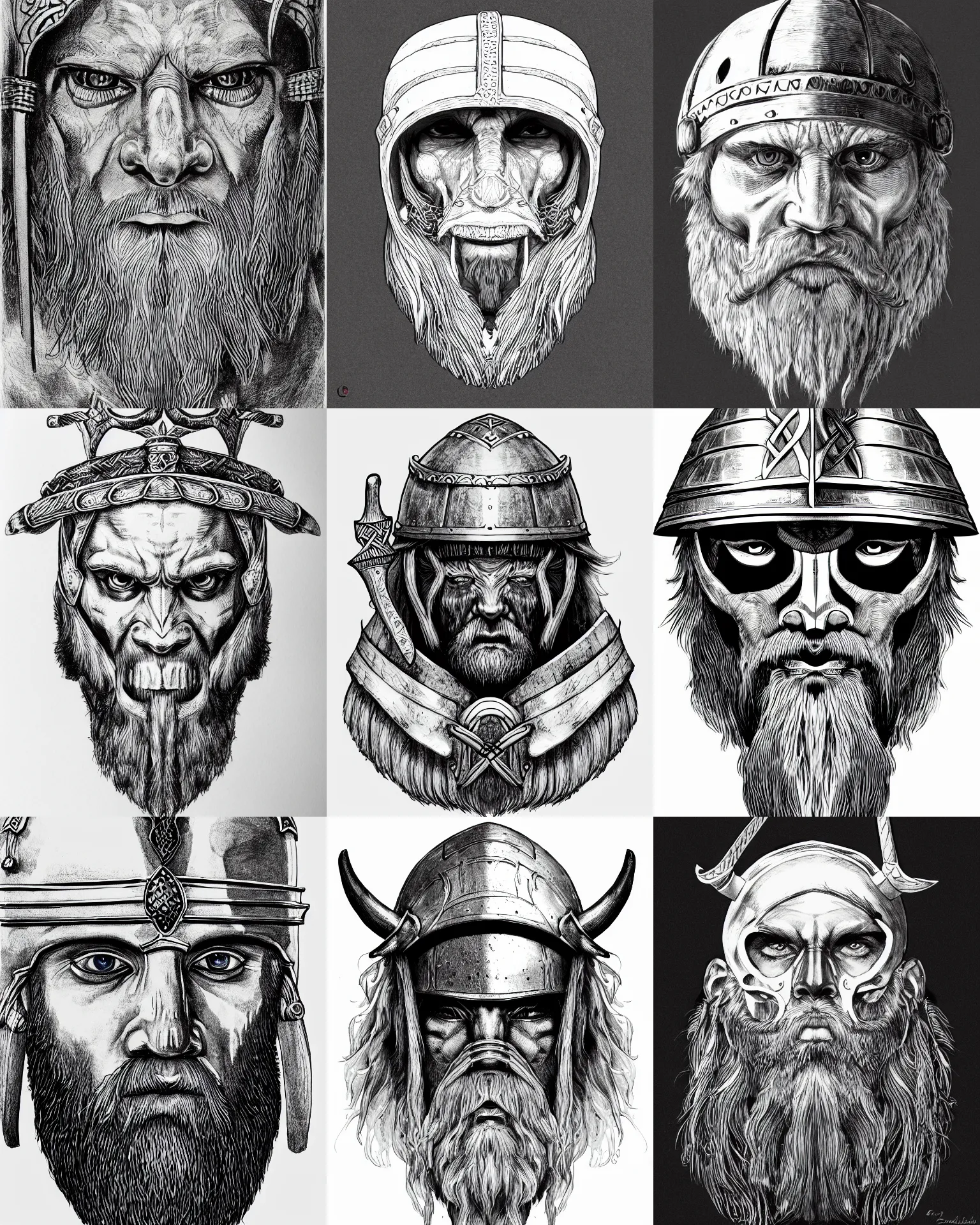 Prompt: detailed october ink drawing of a head of a beared viking wearing a bone helmet, white wall background, medium shot, front face symmetrical, trending on artstation