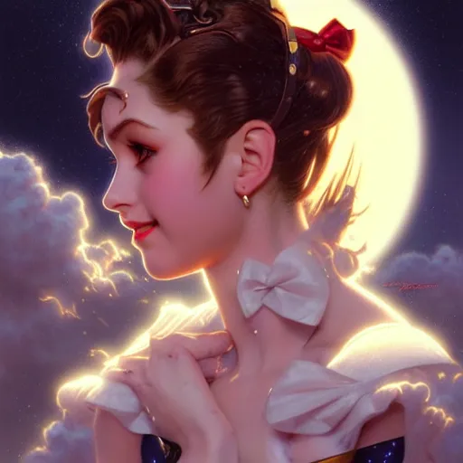 Image similar to head and shoulders Portrait of Sailor Moon, dark fantasy, medium shot, intricate, elegant, highly detailed, digital painting, volumetric light, artstation, concept art, smooth, sharp focus, illustration, art by Gil Elvgren and Greg Rutkowski and Alphonse Mucha