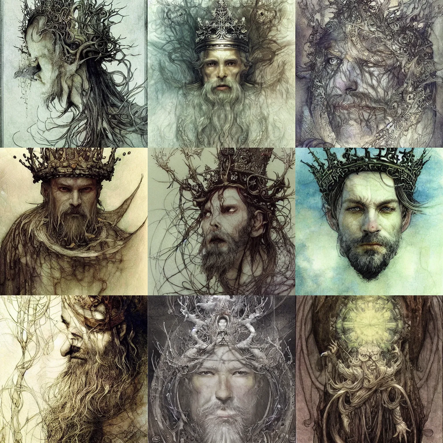Prompt: ancienct, wise, [ forgetful ], quirky king of faes ( with long, white beard, and strange crown ), fantasy, whimsical, broad light, light caustics effect, botanical artwork, illustration by alan lee, ruan jia and arthur rackham, trending on pinterest. com