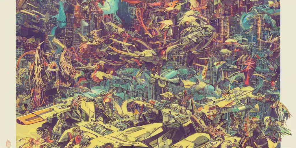 Image similar to risograph rendition, gigantic mecha arzach birds with dragonflies, tiny rats, a lot of exotic animals around, big human faces everywhere, helicopters and tremendous birds, by satoshi kon and moebius, matte bright colors, surreal design, crispy, super - detailed, a lot of tiny details, fullshot