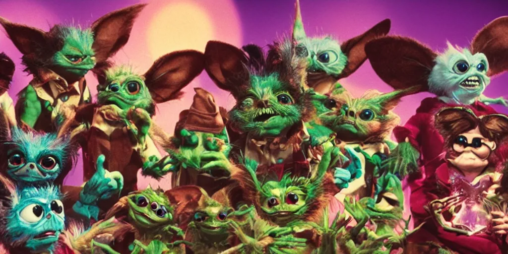 Prompt: Gremlins movie, the gremlins are high on mdma, trending on Artstation, 8K, ultra wide angle, pincushion lens effect