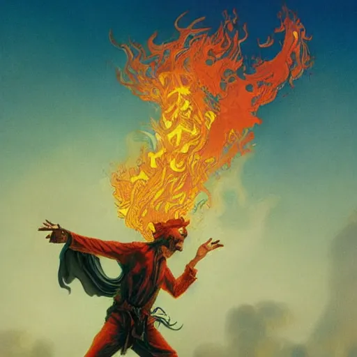 Image similar to fire in the shape of a person dancing, the whispy smoke, fantasy, dnd, illustrated by michael whelan