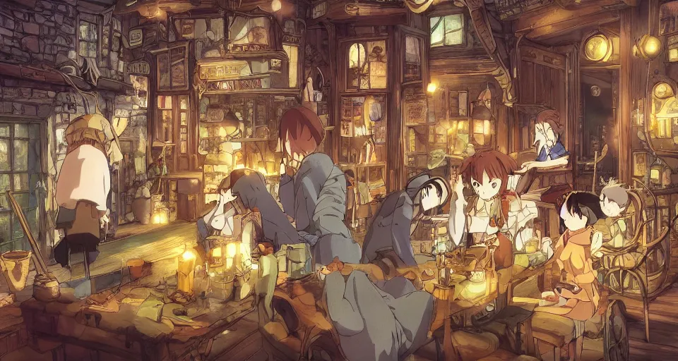 Prompt: Anime visual of a cozy steampunk inn in a magical forest; cheerful and peaceful mood; illustrated by Hayao Miyazaki; anime production by Studio Ghibli; high quality; visually stunning; majestic; fall; official media