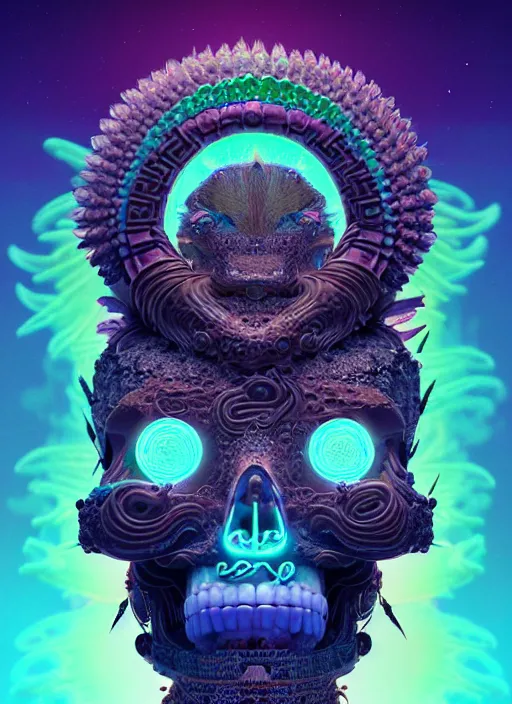 Image similar to 3 d goddess profile portrait, sigma 5 0 0 mm f / 5. beautiful intricate highly detailed quetzalcoatl skull and feathers. bioluminescent, plasma, lava, ice, water, wind, creature, thunderstorm! artwork by tooth wu and wlop and beeple and greg rutkowski, 8 k trending on artstation,