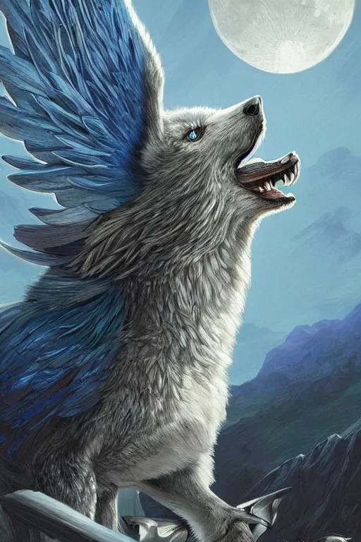 Image similar to blue feathered wolf with wings on a beautiful fantasy landscape, facing front, hills, mountains, moonlit, hd, illustration, epic, d & d, fantasy, intricate, elegant, highly detailed, digital painting, artstation, concept art, smooth, sharp focus, illustration, wallpaper, art by artgerm and greg rutkowski and alphonse mucha and jin xiaodi