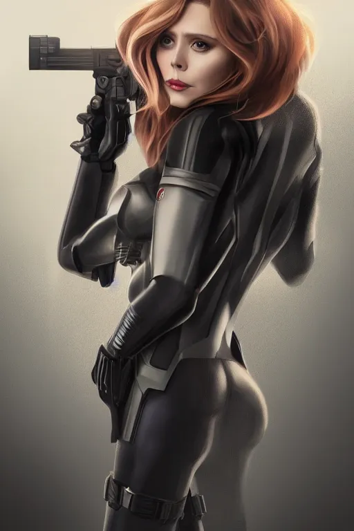 Prompt: Full body long camera shot of very beautiful, elizabeth olsen as black widow, full of details, digital illustration, concept art, smooth, by Ina Wong and wlop ，trending on cgsociety and artstation，8kHDR，studio light effect