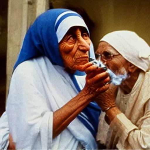 Prompt: mother teresa smoking a blunt, talking to gandhi in a coffee place, evening sunlight