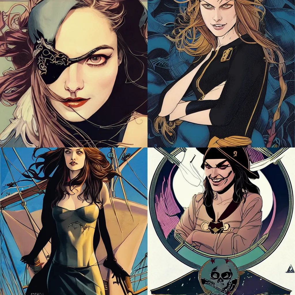Prompt: in the style of Joshua Middleton comic art, pretty female Phoebe Tonkin, pirate, black cloth medical eye patch over left eye, evil smile, pirate clothing, long wavy hair, full body, on a pirate ship, sunny weather