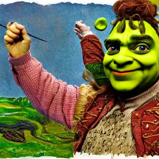 Image similar to very very very very highly detailed, epic, central composition, photo of Mr Bean as Shrek in the swamp, intricate, happy colors, extremely detailed, digital