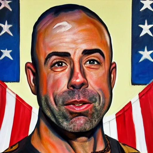 Prompt: painting of joe rogan with american flag in the background