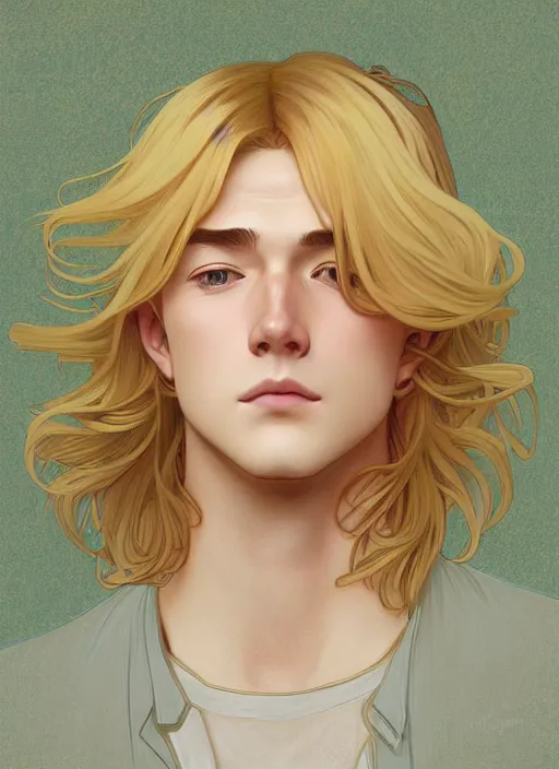 Prompt: pretty young man with shoulder length shiny shimmering golden blond hair, head down, shy, path traced, highly detailed, high quality, digital painting, by studio ghibli and alphonse mucha, leesha hannigan, disney