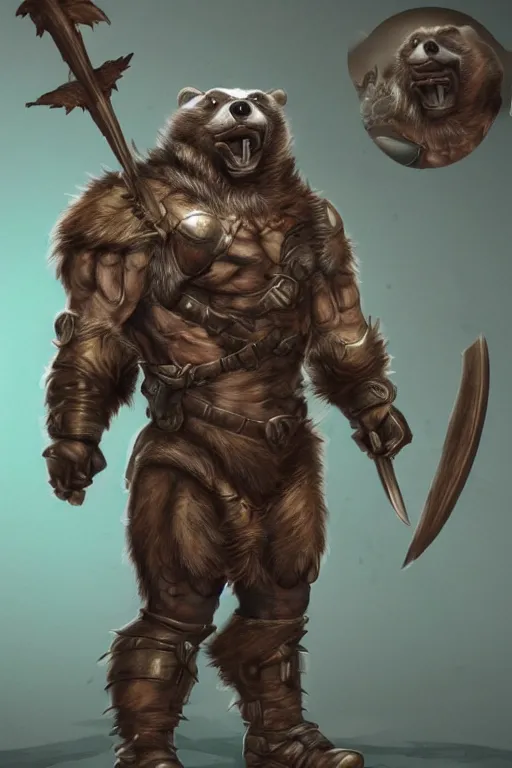 Image similar to anthropomorphic muscled badger warrior, Artstation