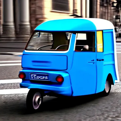 Image similar to super realistic 8 k render of a blue and white tuk tuk, powerful elegant, cinematic composition